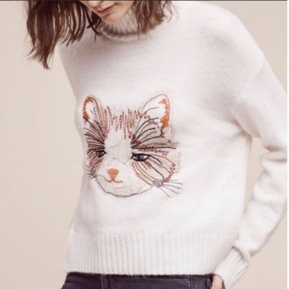 Anthropologie Sweaters - Anthropologie Moth Miaou Cat Sweater Mock Neck Wool Blend Women's Size Small